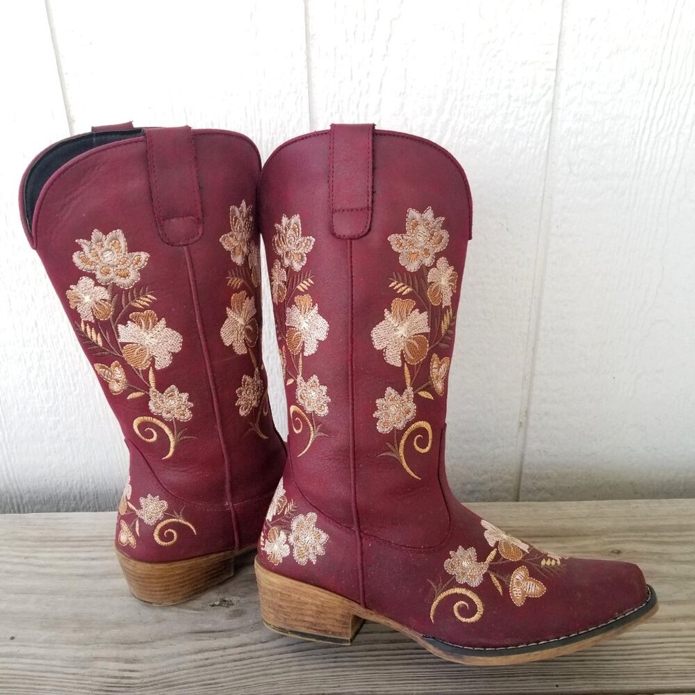 Roper Flower Embroidery Womens Wine Cowboy Western Boots 9 M - Picture 2 of 13